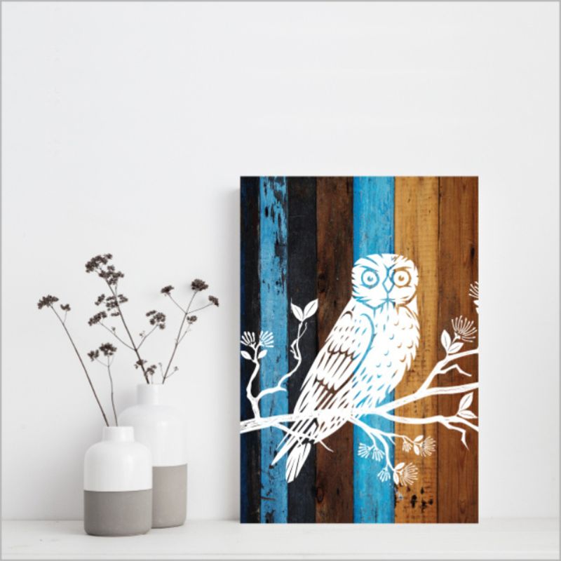 Plywood wall art featuring a charming Morepork design, measuring 205mm x 288mm, ready to hang with eco-friendly certification.