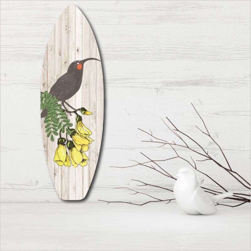 Eco-friendly 50cm Ply Surfboard Art featuring a Huia motif, perfect for coastal-themed decor and effortless hanging.