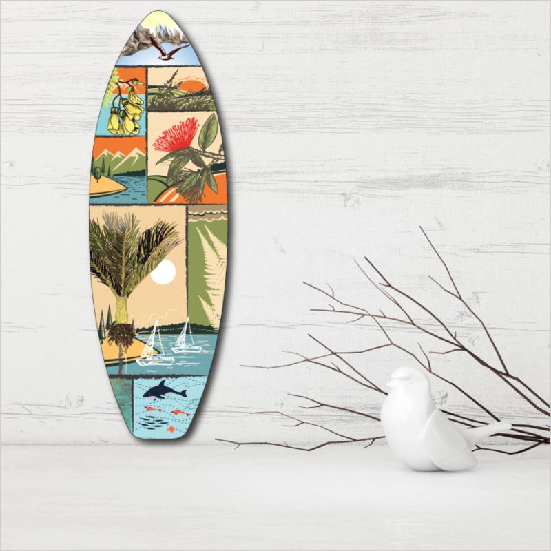 Ply surfboard wall art featuring a New Zealand scene, eco-friendly, ready to hang, 50cm long, perfect for coastal decor.