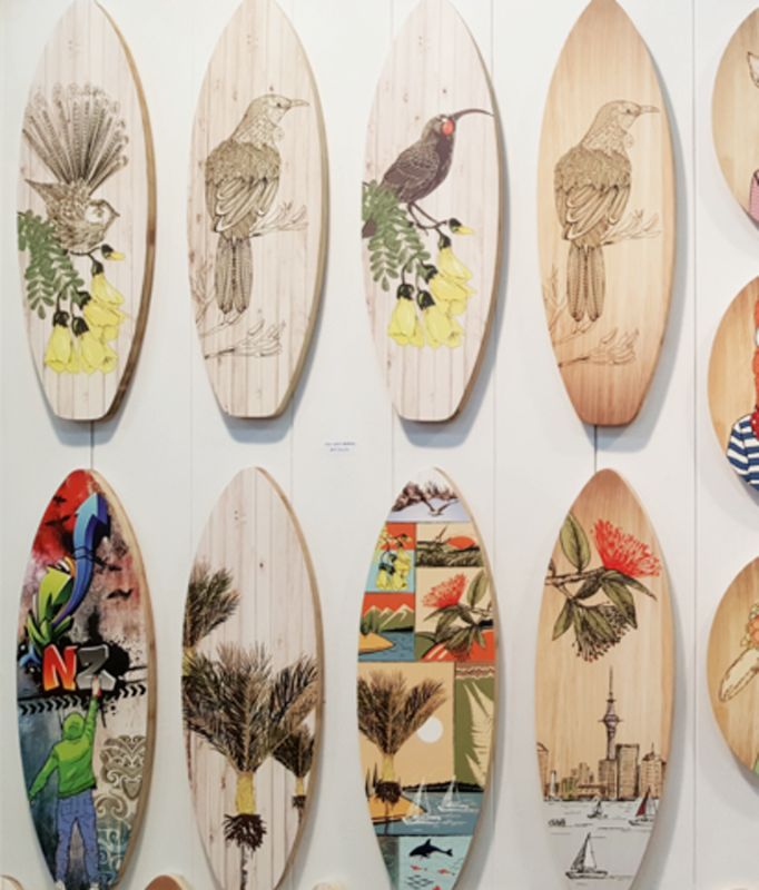 Ply Surfboard Art featuring a Huia motif, crafted from eco-friendly pine ply, ideal for coastal-themed decor.