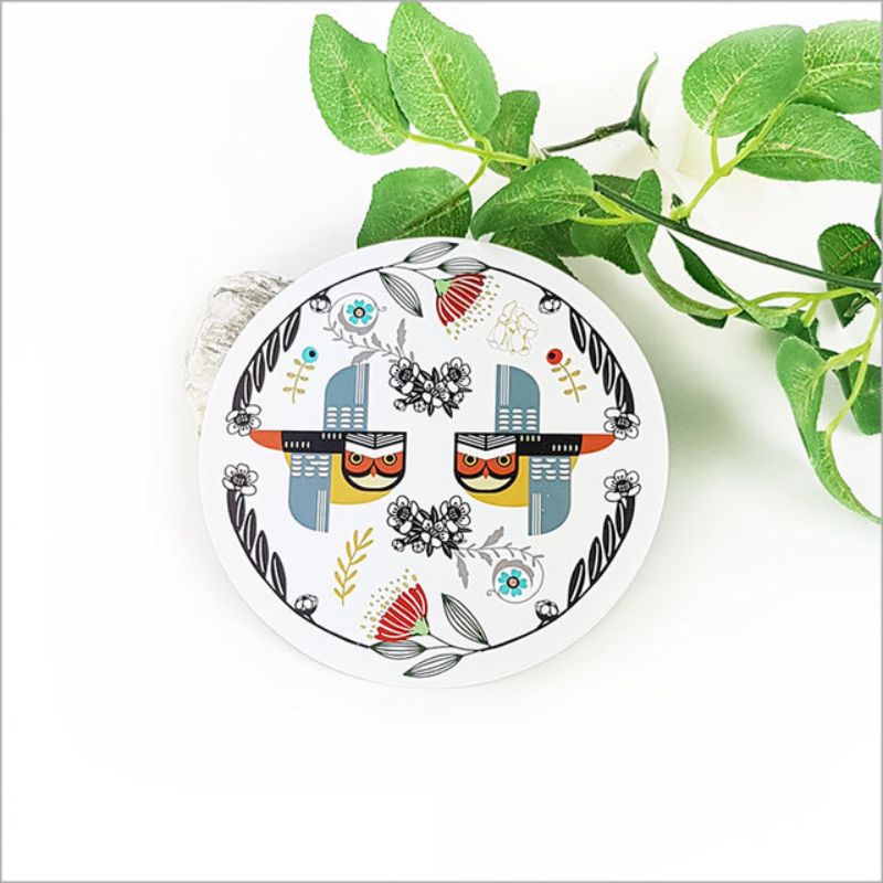 Colorful 15cm Folk Ruru circle wall art, crafted on durable foam PVC, ideal for home decor or as a thoughtful gift.