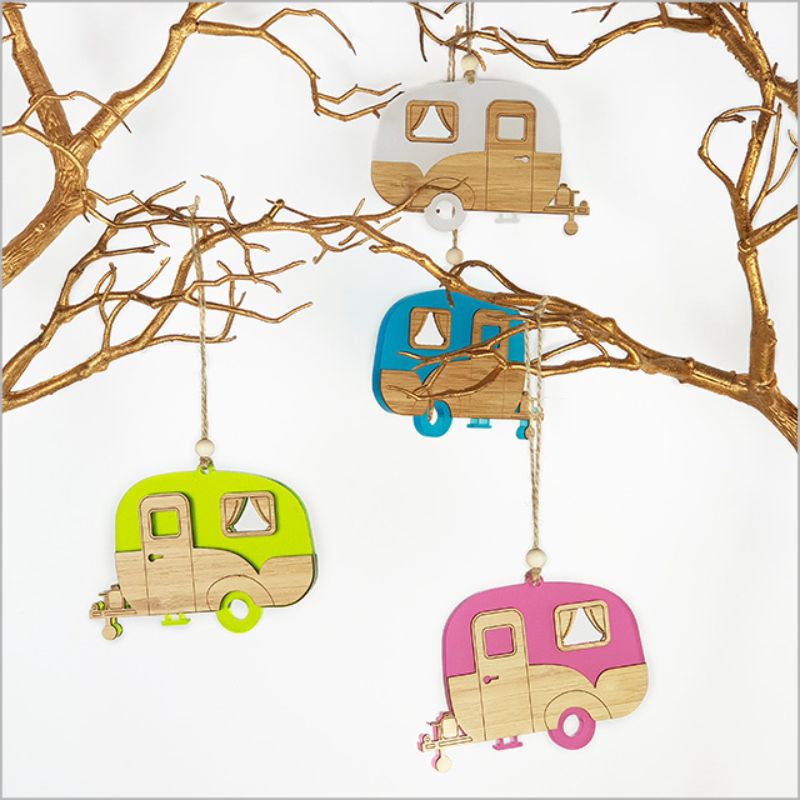 Red satin acrylic caravan ornament, 115mm x 83mm, perfect for holiday décor or gifting, features intricate design and elegance.