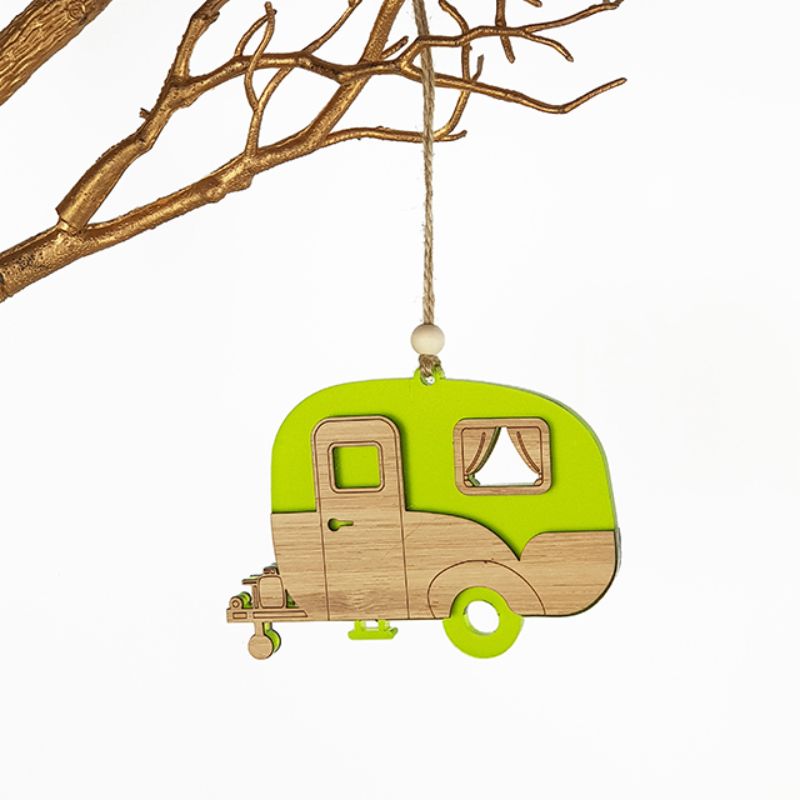 Lime green satin acrylic hanging ornament in caravan shape, crafted from laser-cut bamboo, ideal for decor or gifts.