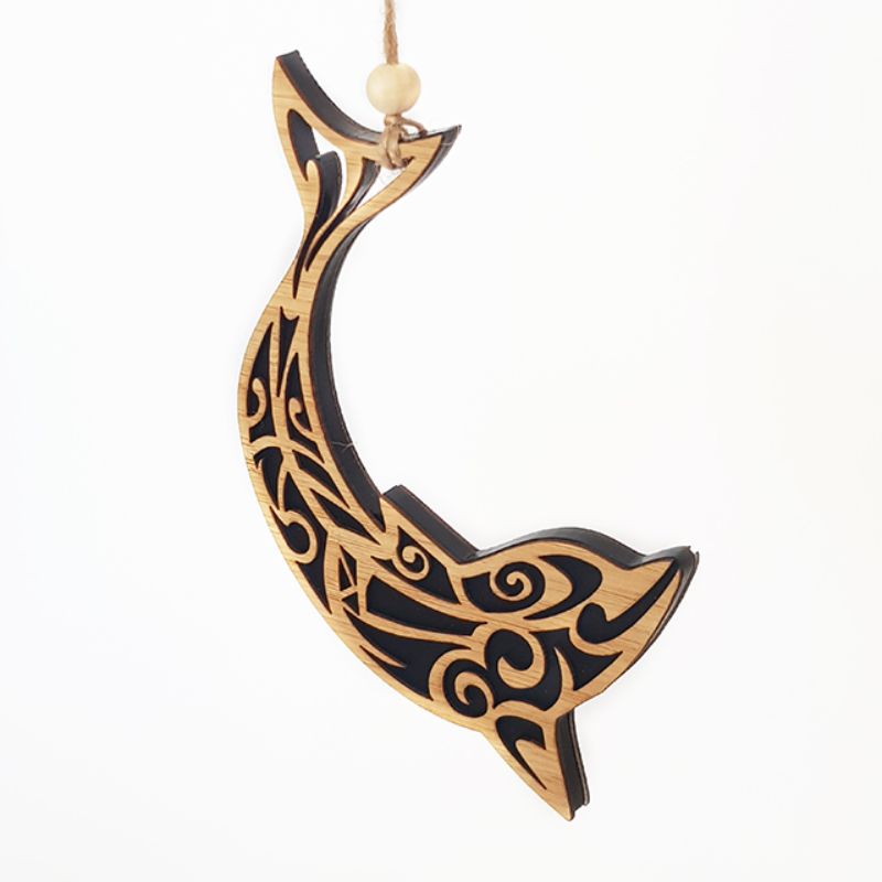 Black satin dolphin ornament in laser-cut bamboo and acrylic, symbolizing joy, perfect for home decor or gifts.