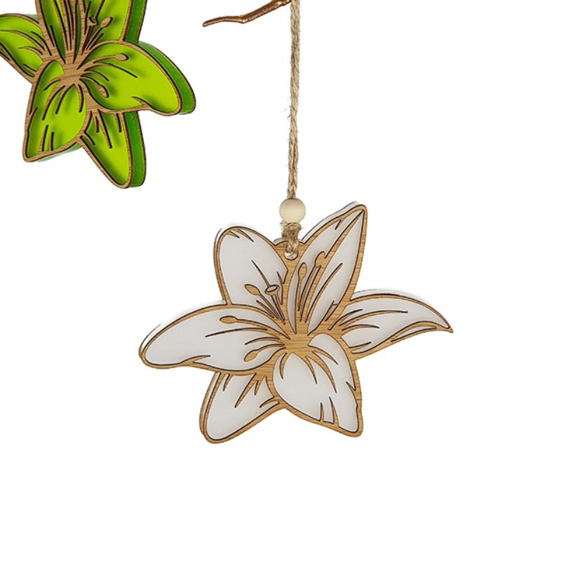 Vibrant lime green satin acrylic hanging ornament in a lily design, perfect for festive decor or thoughtful gifting.