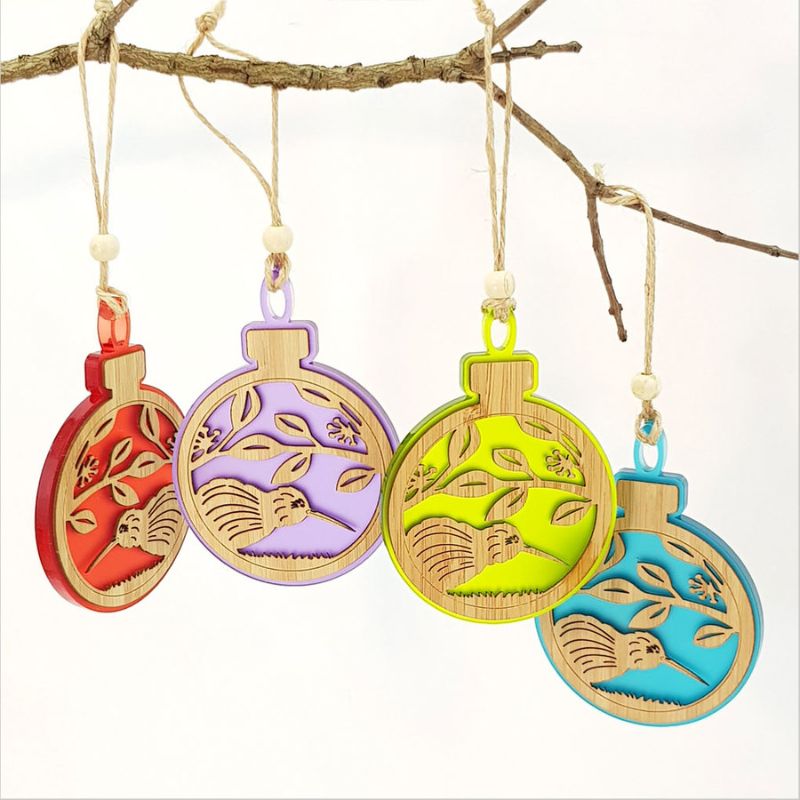 Lime green acrylic ornament featuring a Kiwi bird on Pohutukawa branch, perfect for home decor or festive celebrations.