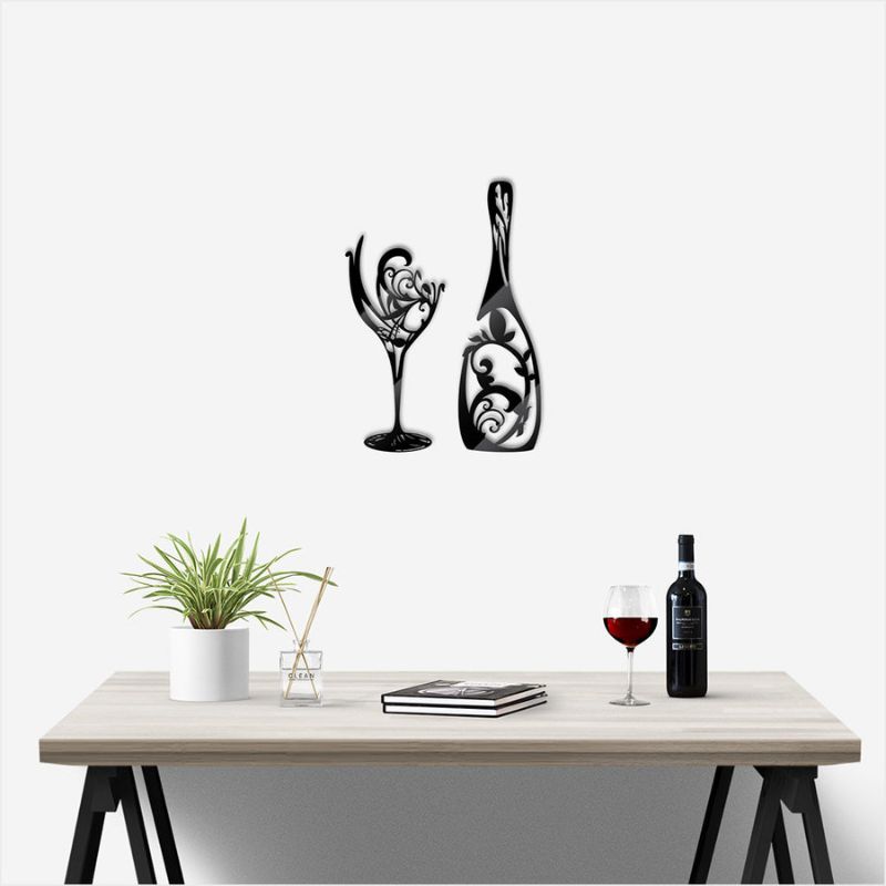 Wall art featuring a sleek 40cm black wine glass design, crafted from durable aluminium composite material. Ideal for any space.