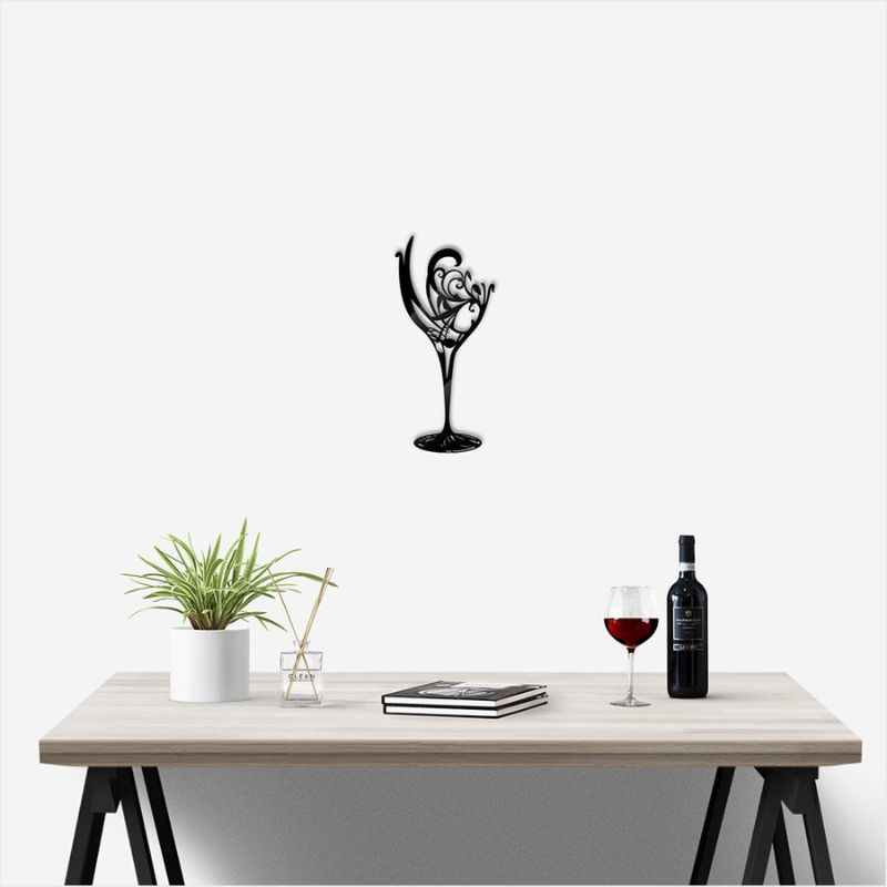 Elegant black wine glass wall art, 40cm tall, crafted from 4mm thick Aluminium Composite for stylish decor.