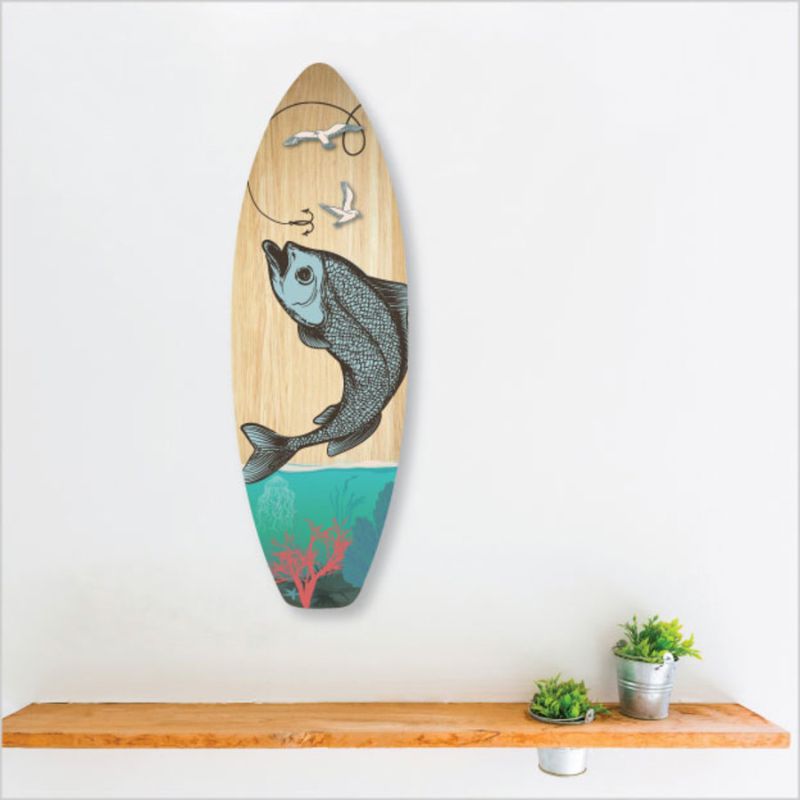Vibrant 50cm plywood surfboard art featuring a detailed fishing scene, perfect for coastal decor and easy to hang.