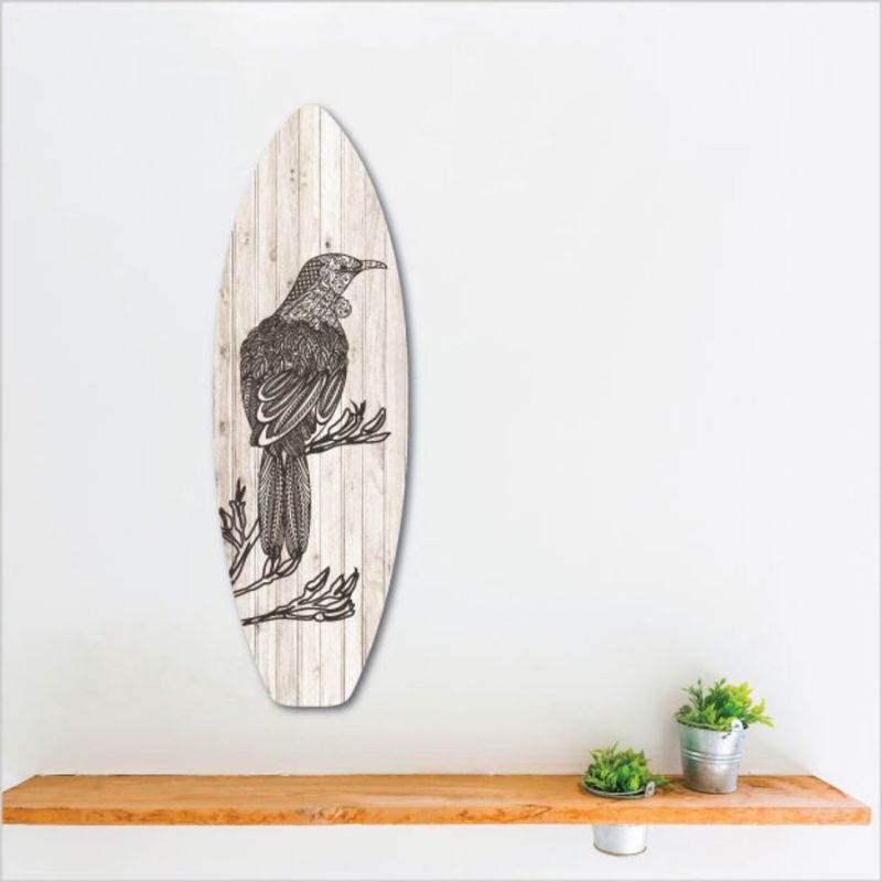 Ply Surfboard Art featuring a striking Zentangle Tui design, crafted from eco-friendly pine plywood, 50cm ready to hang.