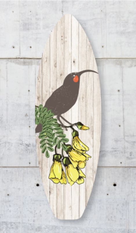 Surfboard wall art featuring a Huia motif, crafted from eco-friendly pine ply, measuring 50cm with ready-to-hang design.