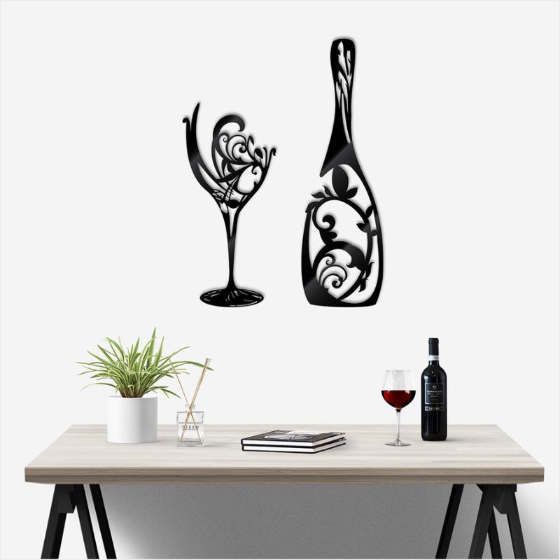 Elegant large black wine glass wall art, 60cm, crafted from durable Aluminium Composite for modern decor. Perfect focal piece.
