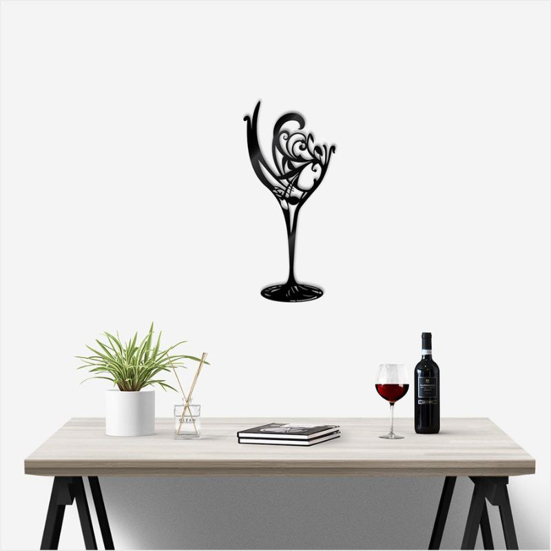 Elegant 60cm black wine glass wall art made from sturdy ACM, ideal for modern decor and wine enthusiasts. Perfect for any space.