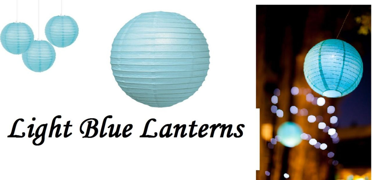 Light blue 16-inch paper lanterns, pack of 10, perfect for weddings and parties, featuring durable bamboo ribbing.