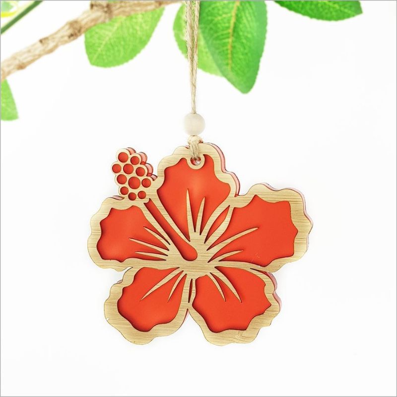 Hanging ornament featuring a red satin acrylic hibiscus flower, ideal for festive decor and thoughtful gifts.