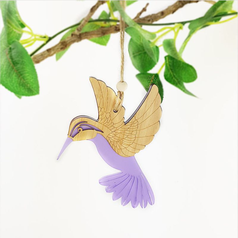 Purple satin acrylic hummingbird ornament, laser-cut from bamboo, perfect for home decor and easy to hang.