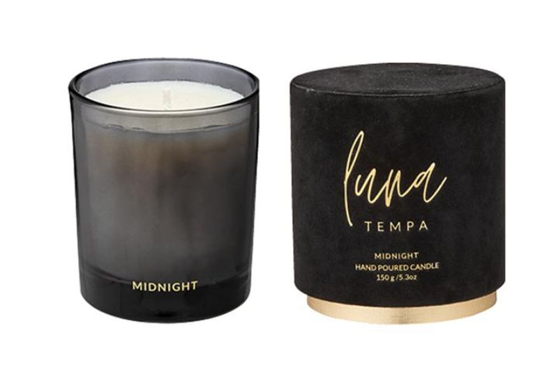 Set of 3 Luna Midnight 150g candles in luxe velvet packaging, featuring a delicate scent and gold airtight lids for freshness.
