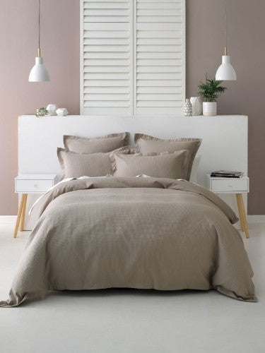 Taupe King Duvet Cover Set with textured design, soft cotton fabric, includes duvet cover and two pillowcases.