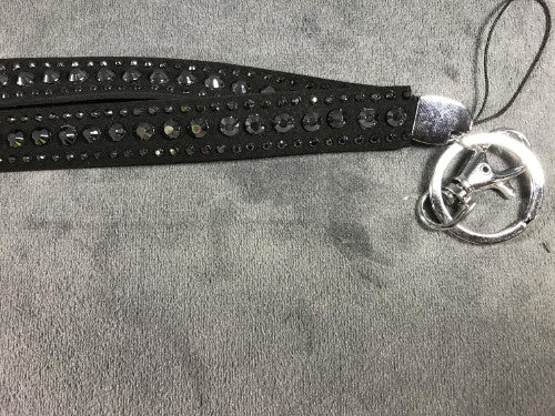 Stylish black lanyard with 1 large and 2 small diamante embellishments, measuring 48cm, perfect for IDs and keys.