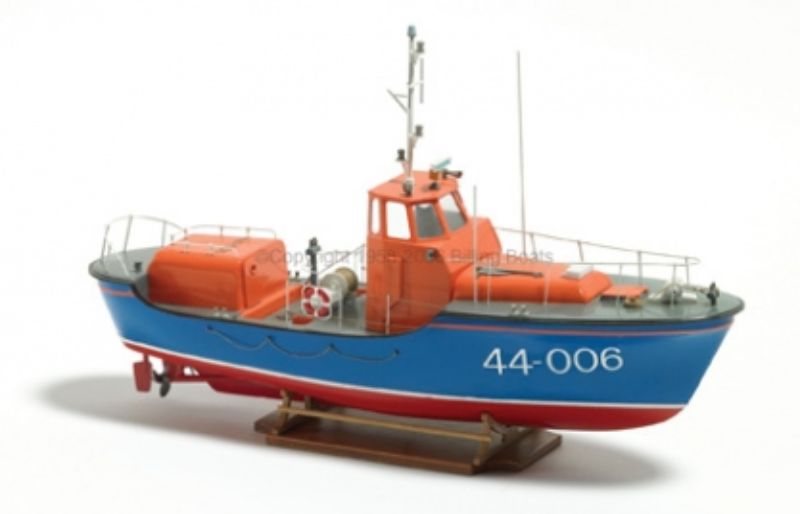 Detailed wooden model kit of the RNLI Waveny Lifeboat, showcasing meticulous craftsmanship and maritime history.
