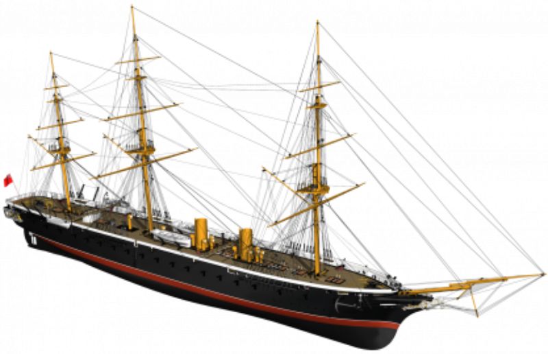 Detailed wooden model kit of the HMS Warrior, the first ironclad warship, measuring 147 cm in length, by Billing Boats.