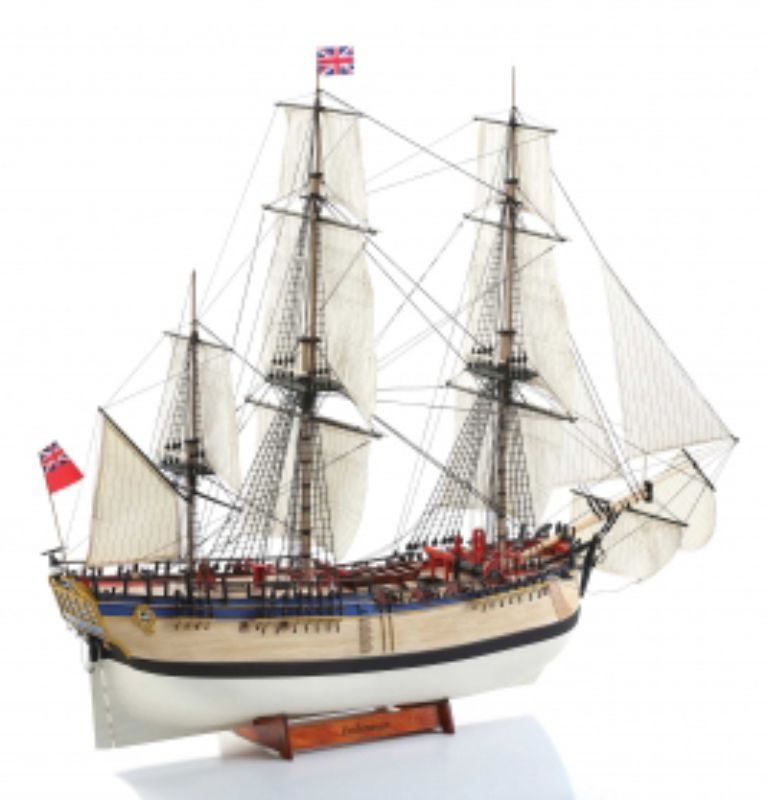 Detailed wooden model kit of the HMS Endeavour, showcasing 18th-century exploration, perfect for hobbyists and collectors.