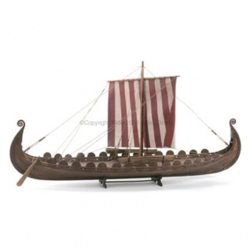 Detailed 1/25 scale model kit of the Oseberg Viking ship, showcasing intricate craftsmanship for experienced modellers.