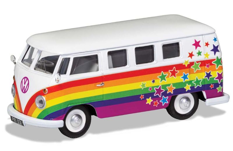Diecast model of a 1/43 VW Campervan featuring 'Peace, Love, and Wishes' design, perfect for collectors and display.