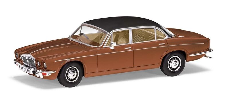 1/43 diecast model of Daimler Double 6 in rich Caramel, showcasing exquisite detail and luxurious Chamois leather interior.