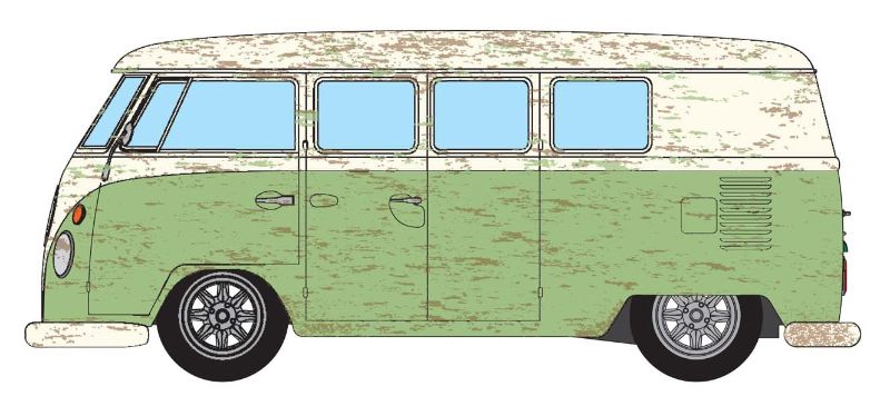 Diecast model of a 1/43 scale VW Type 2 Camper in rustic 'RAT-look', showcasing vintage charm and detailed craftsmanship.