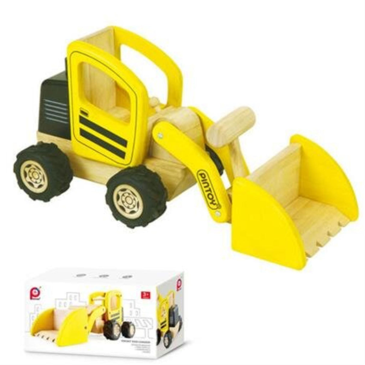 Durable PINTOY Front End Loader in yellow, made of sustainable wood with rubber wheels for imaginative construction play.