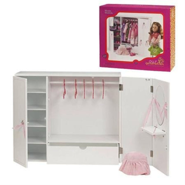 Wooden wardrobe with vanity and stool for organizing 18" doll outfits, encouraging imaginative play for kids aged 3 and up.