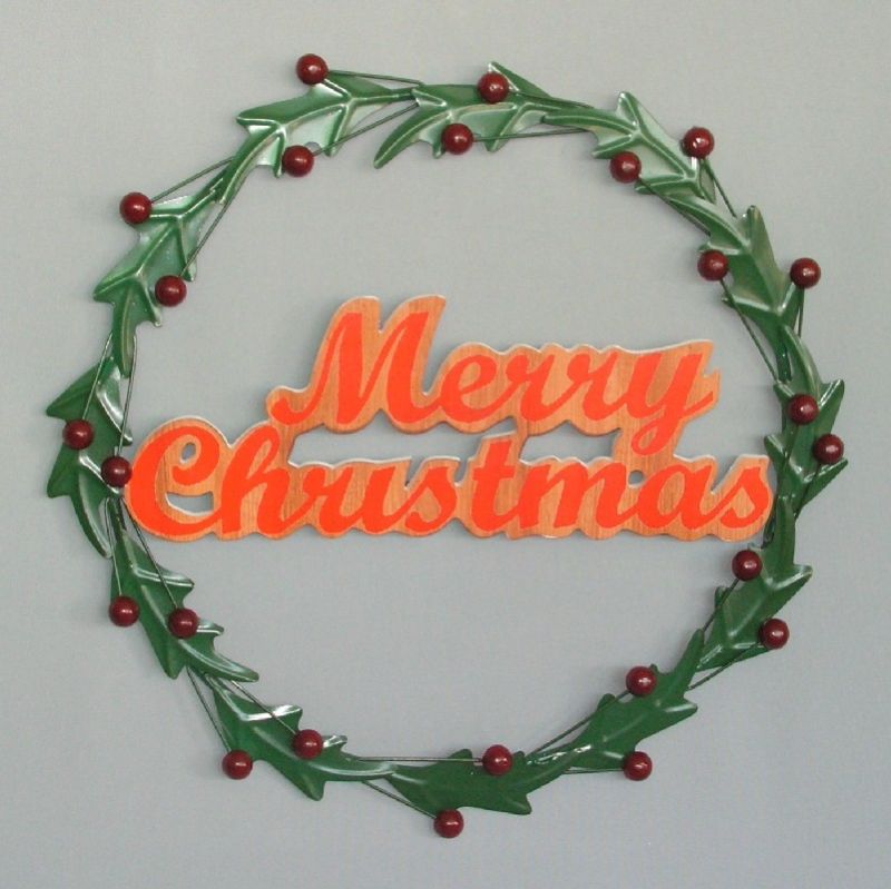 Merry Christmas wreath featuring vibrant greenery and holy leaves, perfect for festive indoor and outdoor decor (50cm).