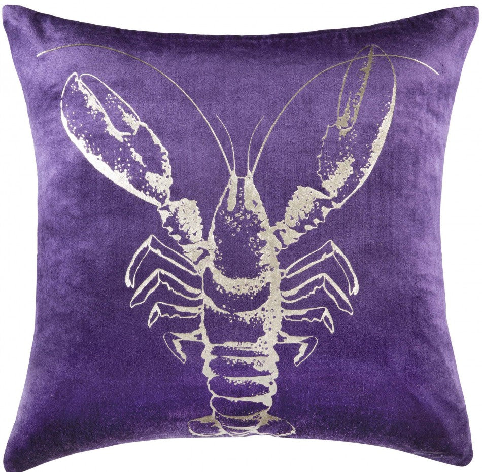 Purple velvet cushion featuring a metallic gold lobster print, measuring 48 x 48cm.