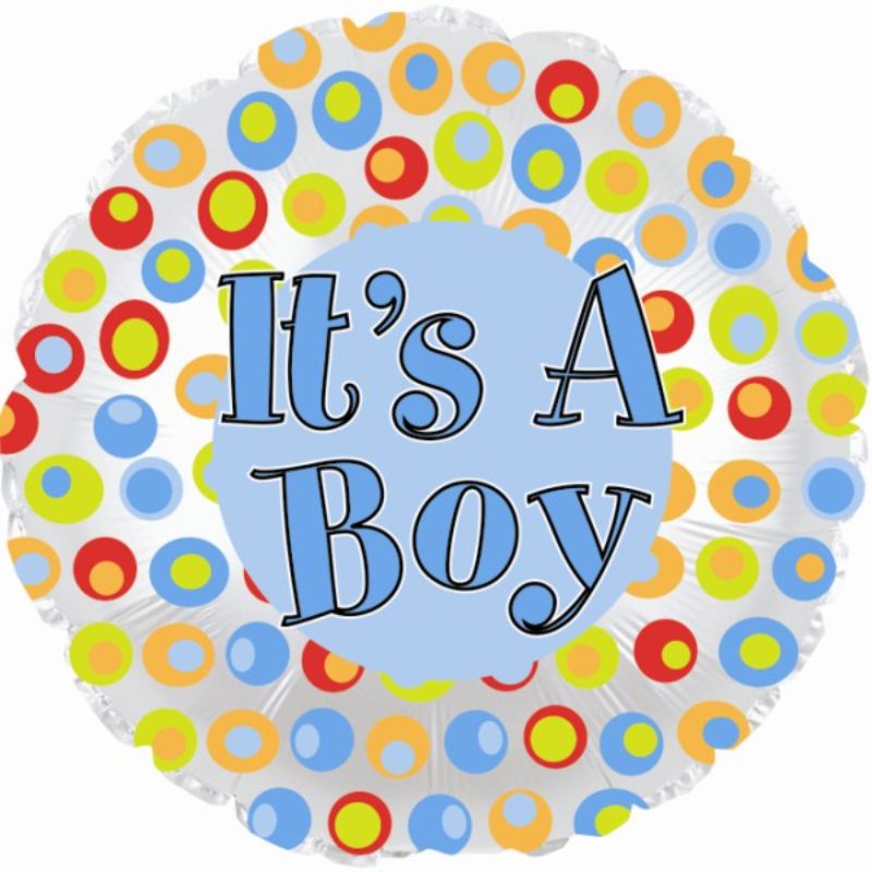 Vibrant 18-inch 'It's A Boy' balloon with colorful dots, perfect for baby showers and gender reveal parties.