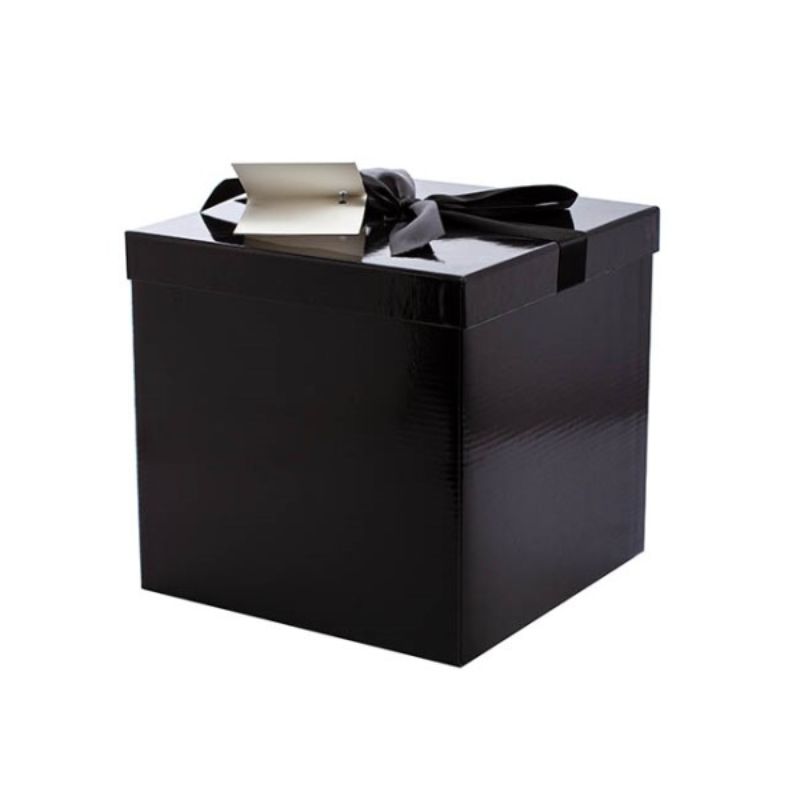 Elegant large black flat pack gift box with bow, measuring 224x224x215mmH, perfect for any special occasion.