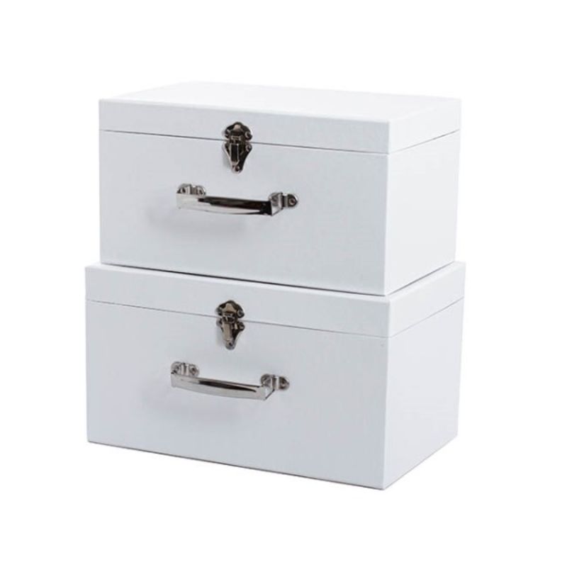 Elegant white suitcase hamper gift boxes set of 2, ideal for weddings and celebrations, featuring sturdy designs and two sizes.