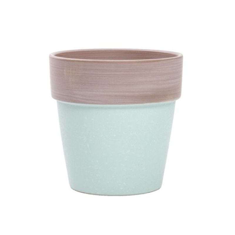 Ceramic terracotta pot in matte soft blue, perfect for indoor and outdoor plants, 14x13.5cmH, combines elegance and functionality.