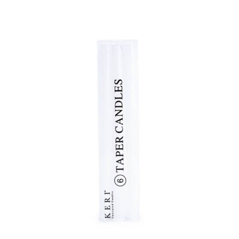 Elegant pack of 6 white taper dinner candles, 25cm tall, for a sophisticated dining experience and warm ambiance.