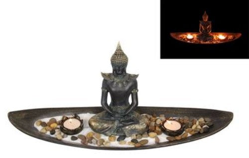Meditating Buddha tea light tray, 51cm in size, perfect for tranquil decor and ambiance.