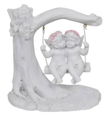 Porcelain ornament featuring two cherubs on a rose swing, 12cm tall, perfect for home decor and gifting.
