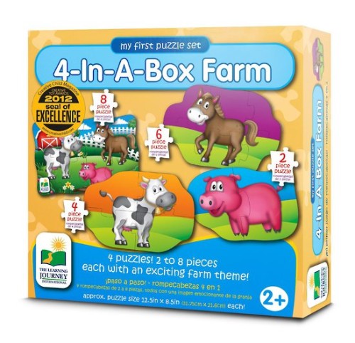 Colorful Step Ups Farm puzzles for toddlers, featuring big chunky pieces that enhance motor skills and cognitive development.
