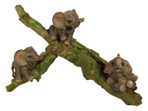 Cute ornament featuring elephant babies on a log, measuring 24cm in length.