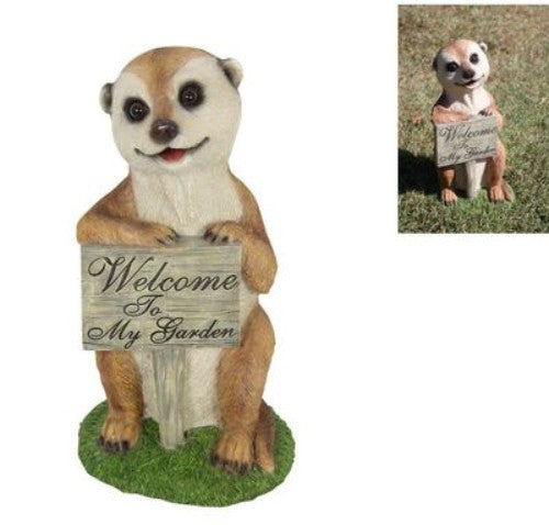 Meerkat ornament with 'Welcome' sign, 28cm tall, perfect for adding charm to your home or garden decor.