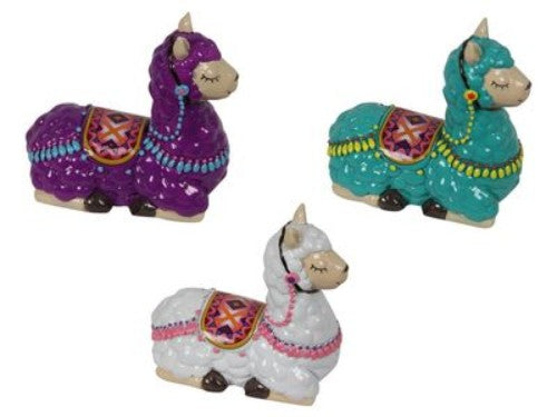 Set of 3 assorted 9cm Drama Llama ornaments, perfect for adding a whimsical touch to your decor.