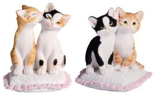 Set of 2 charming cat ornaments on cushions, each 11cm, perfect for adding whimsy to home décor or gifting to cat lovers.