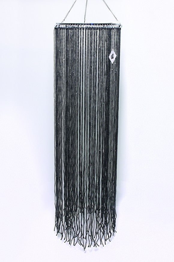 Long black beaded chandelier lamp shade, 25cm wide and 87cm long, adds elegance and warm lighting to any space.