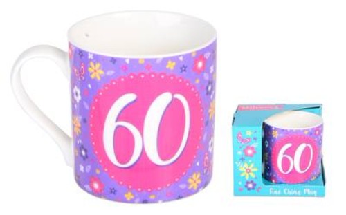 Elegant ceramic Bloom 60th Mug with floral design, perfect for celebrating a milestone birthday at 60.