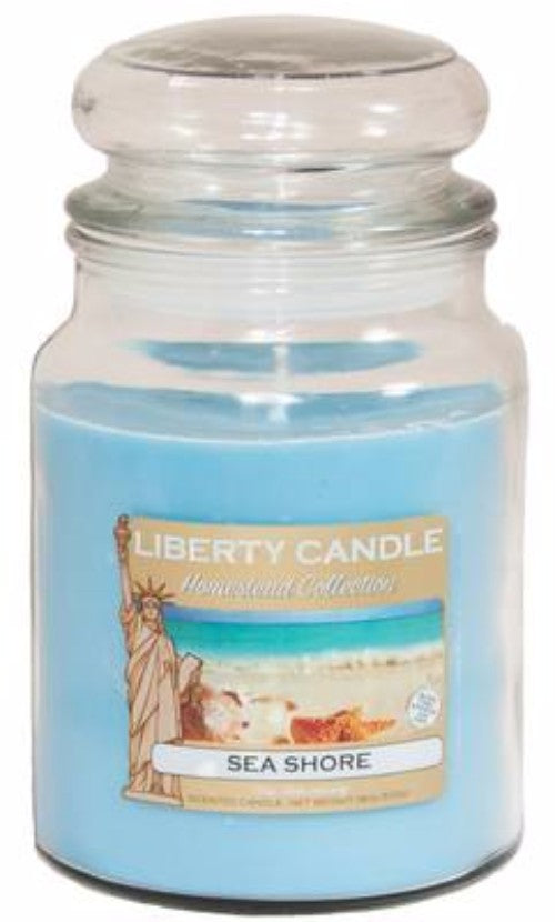Soy Candle 18oz - Sea Shore in a stylish glass container, offering ocean-inspired fragrance and relaxing ambiance for any space.