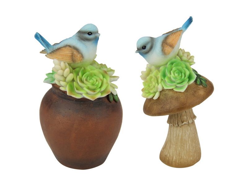 Whimsical set of 4 blue bird ornaments on mushrooms, each 14cm, perfect for nature-inspired home decor.
